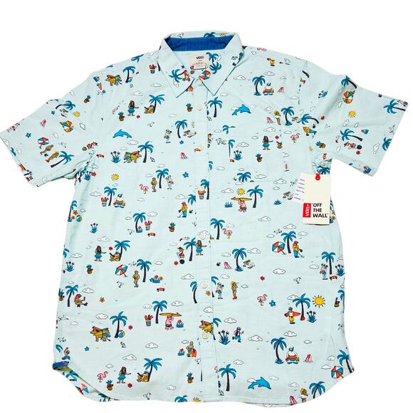 Vans Party Train Beach Button Up Shirt Men Large Palm Trees Summer Tee New - Picture 1 of 8